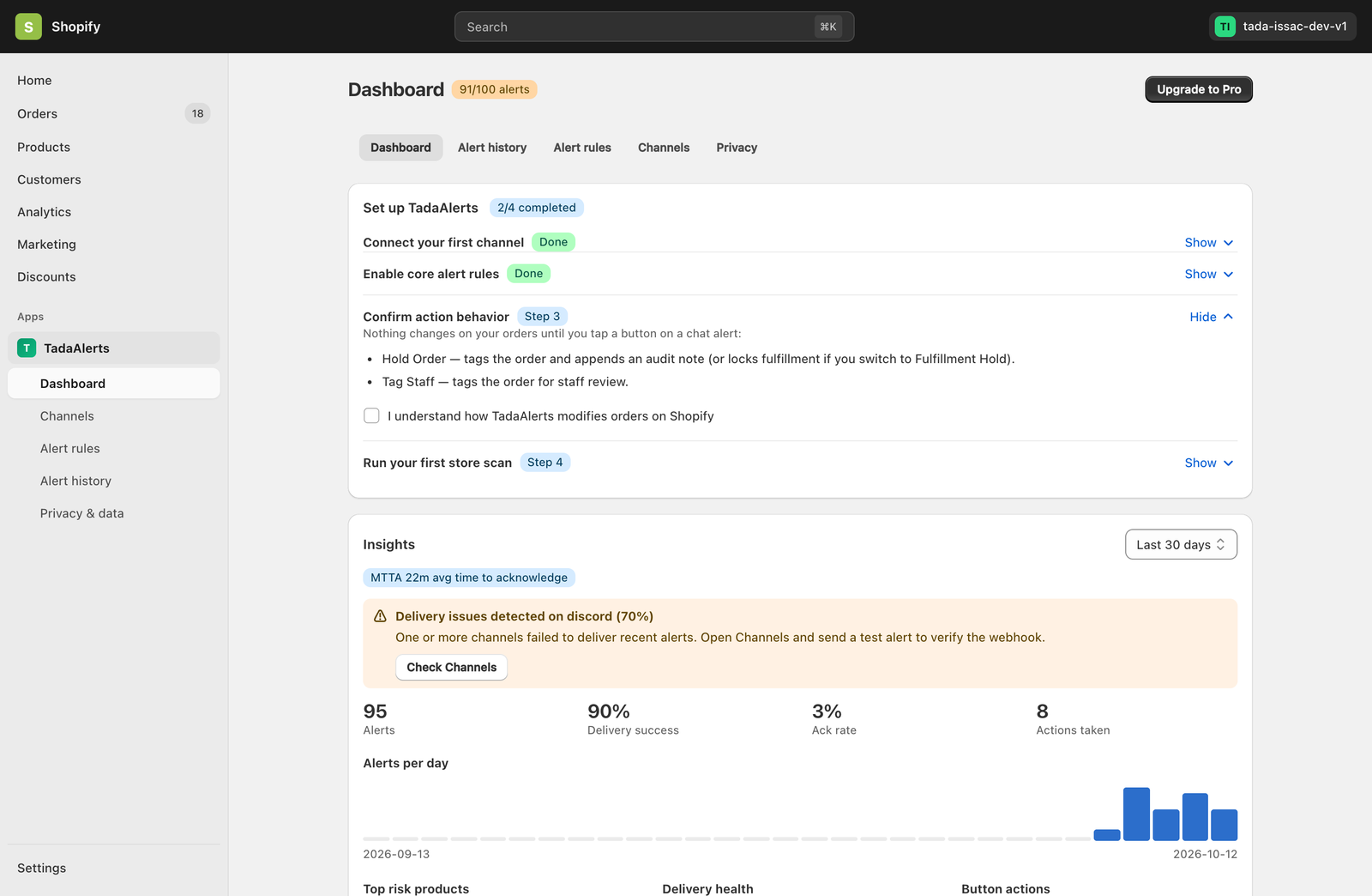 Tada Alerts 4-Step Setup Guide in Shopify Admin