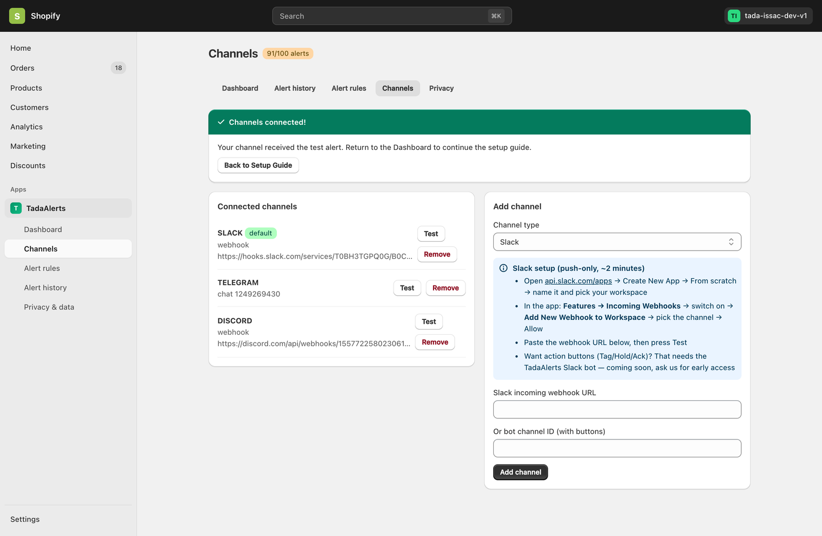 Connecting Slack in Tada Alerts