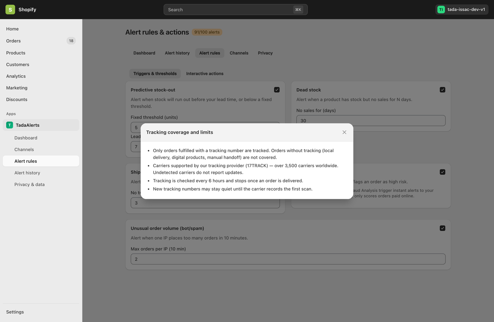 Tracking Coverage and Limits Modal in Tada Alerts