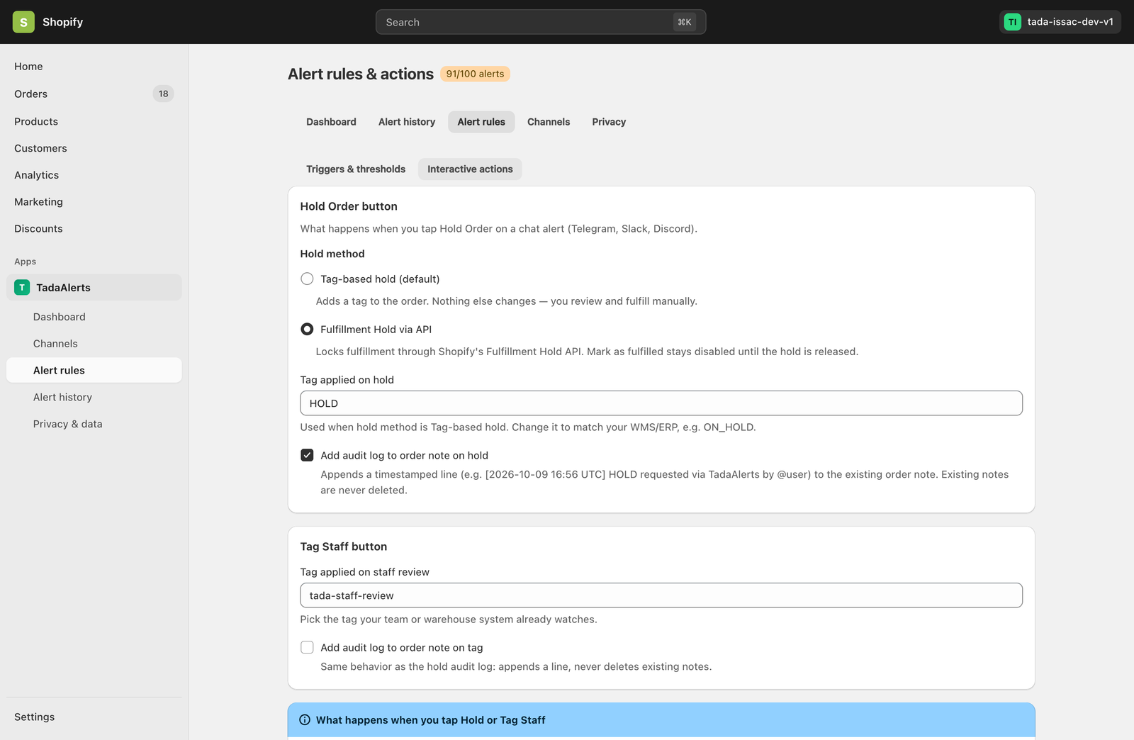 Interactive Actions Configuration in Tada Alerts