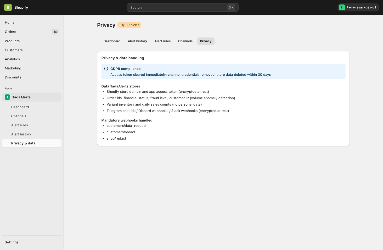 Privacy and Data Handling Page in Tada Alerts